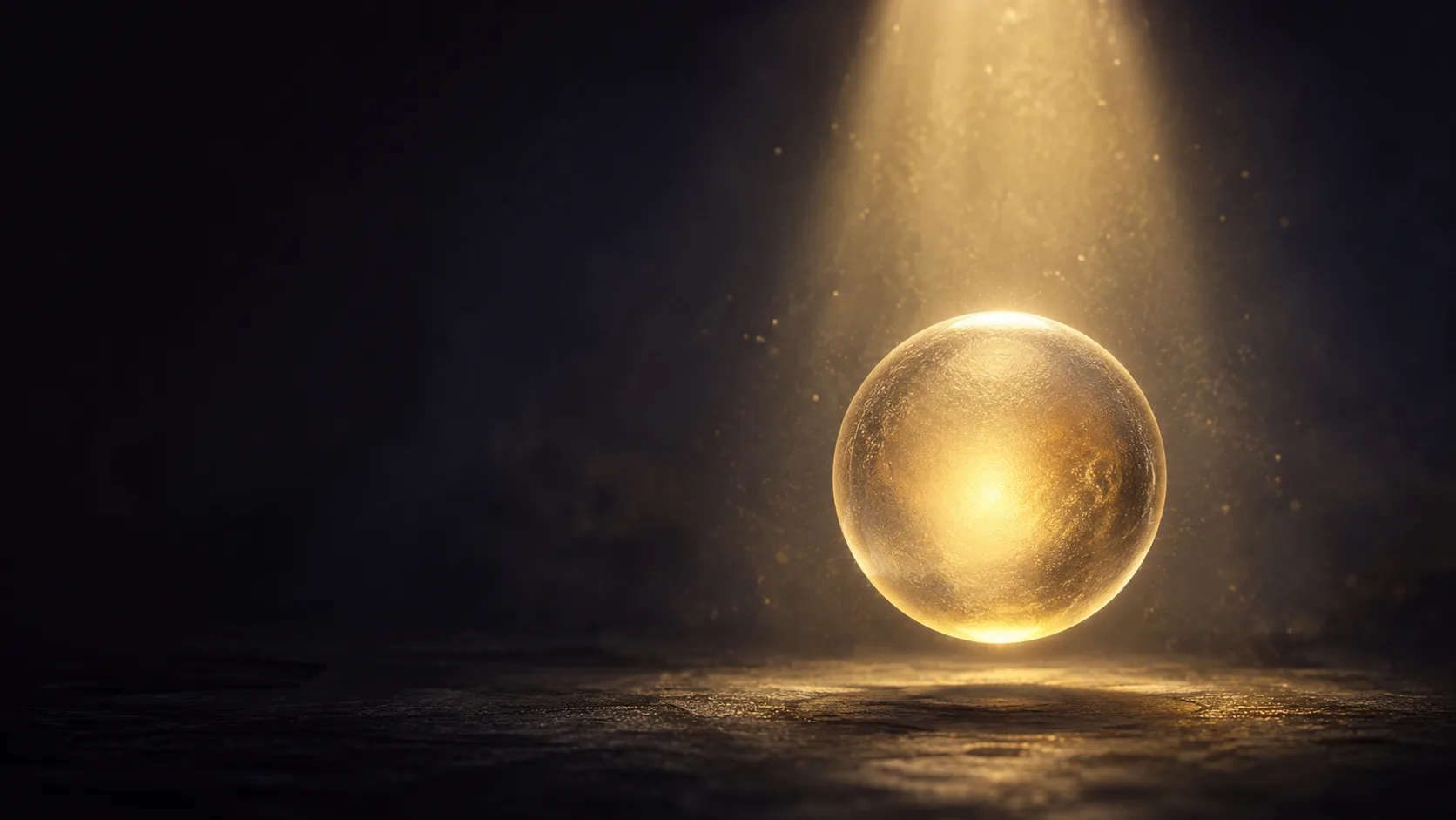Esfera luminosa suspendida bajo un haz de luz en un espacio oscuro