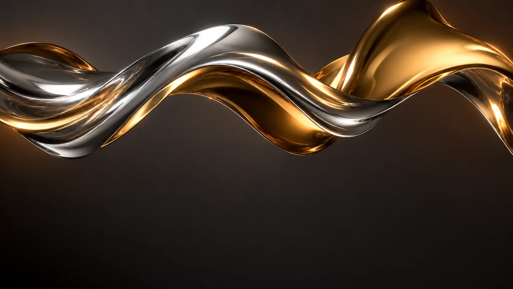 Molten metal ribbon twisting in mid-air in chrome and warm gold