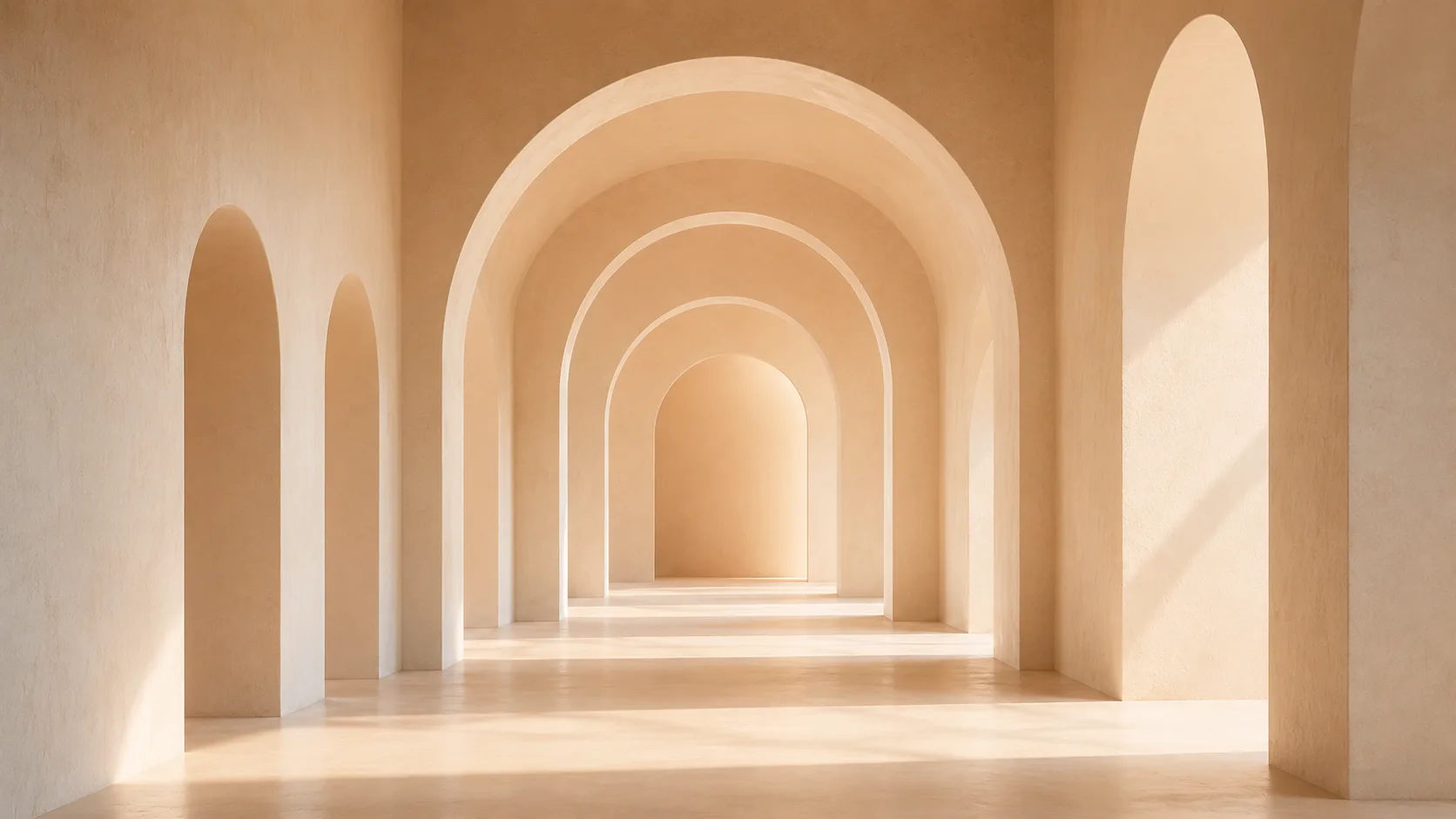 Calm hall of smooth rounded arches receding in warm cream light