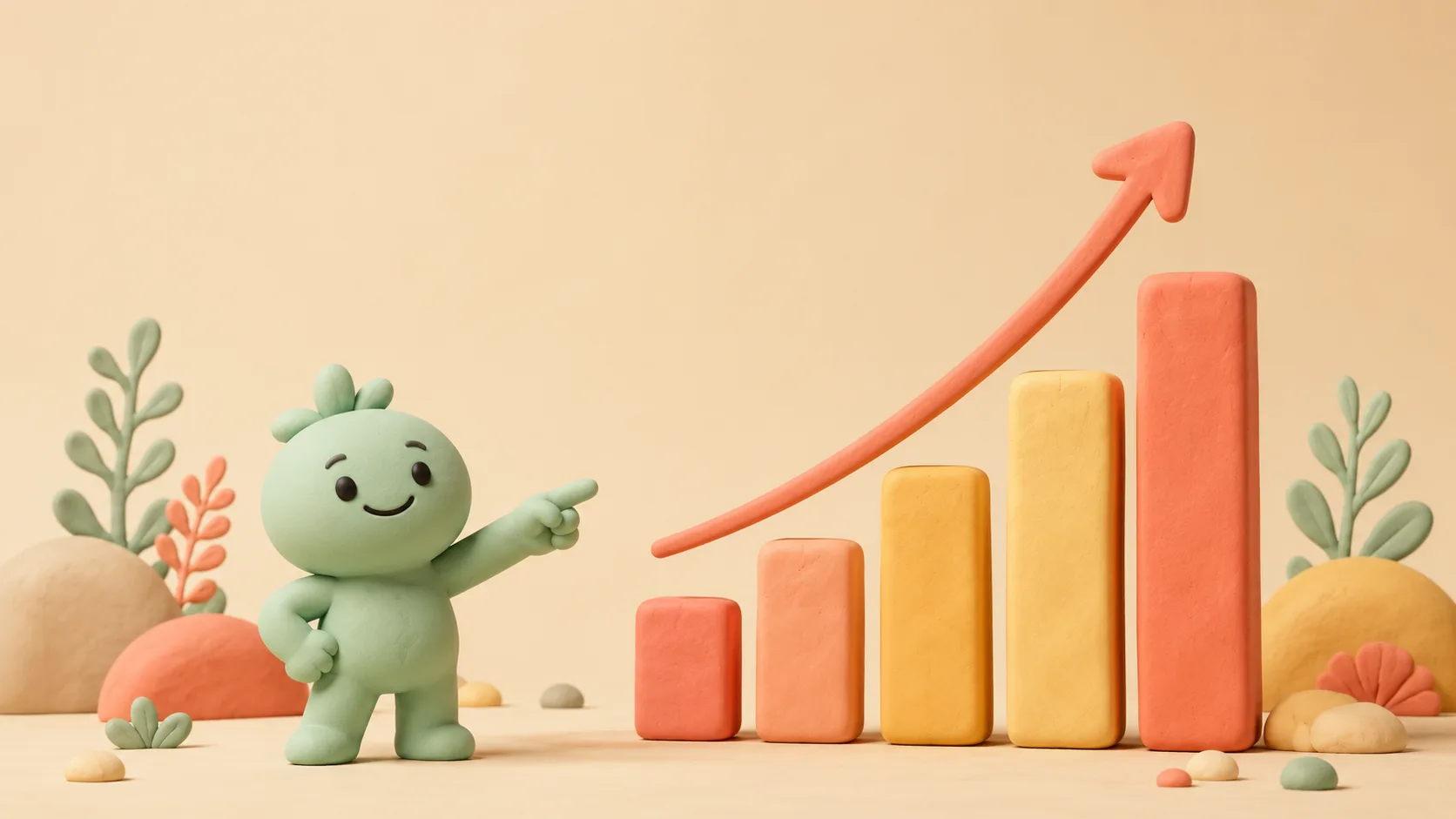 Claymorph character pointing proudly at a large rising clay bar chart