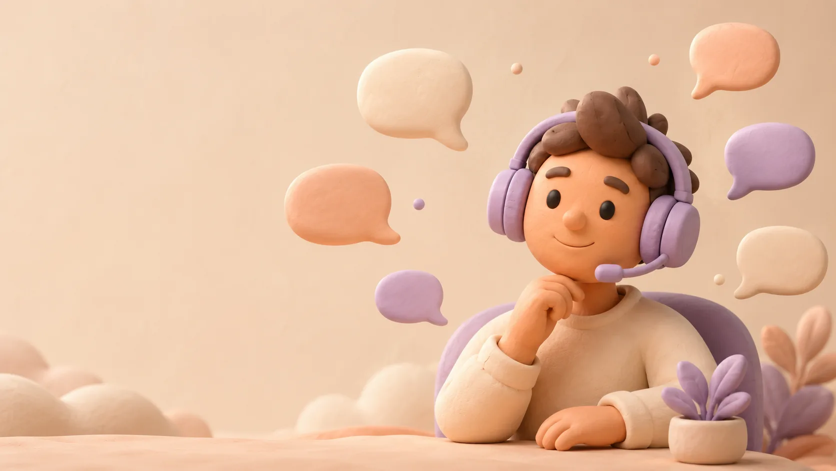 Claymorph character in a headset ringed by floating speech-bubble shapes