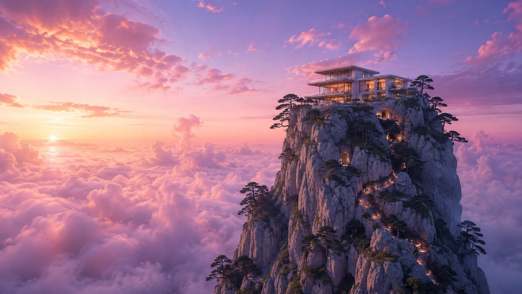 Casa Cielo: villa moderna sobre un pináculo rocoso, por encima de un mar de nubes rosadas al atardecer