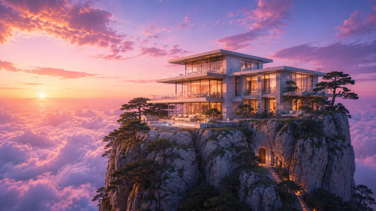 La villa de cristal de tres niveles coronando el pináculo