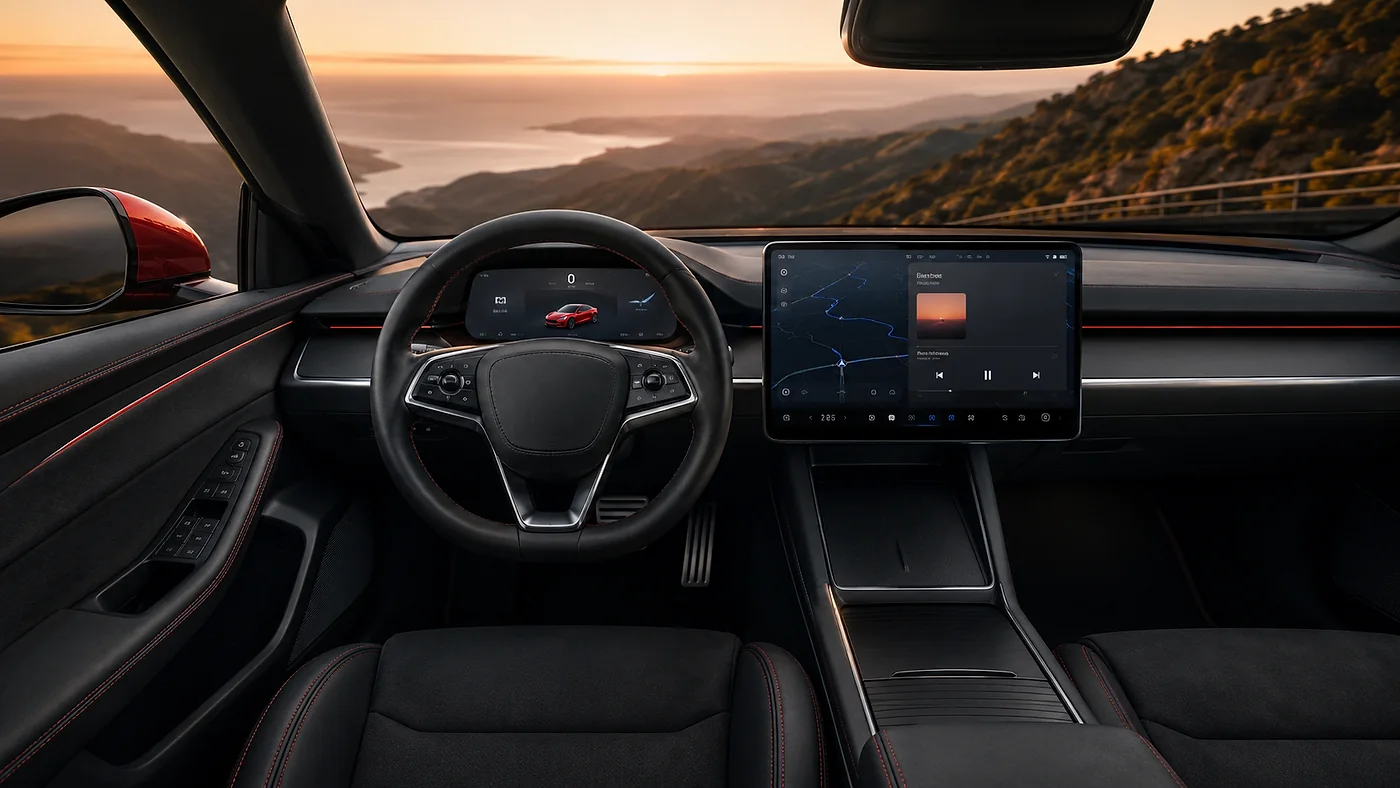 Puesto de conducción del Aurora con volante y panel minimalista