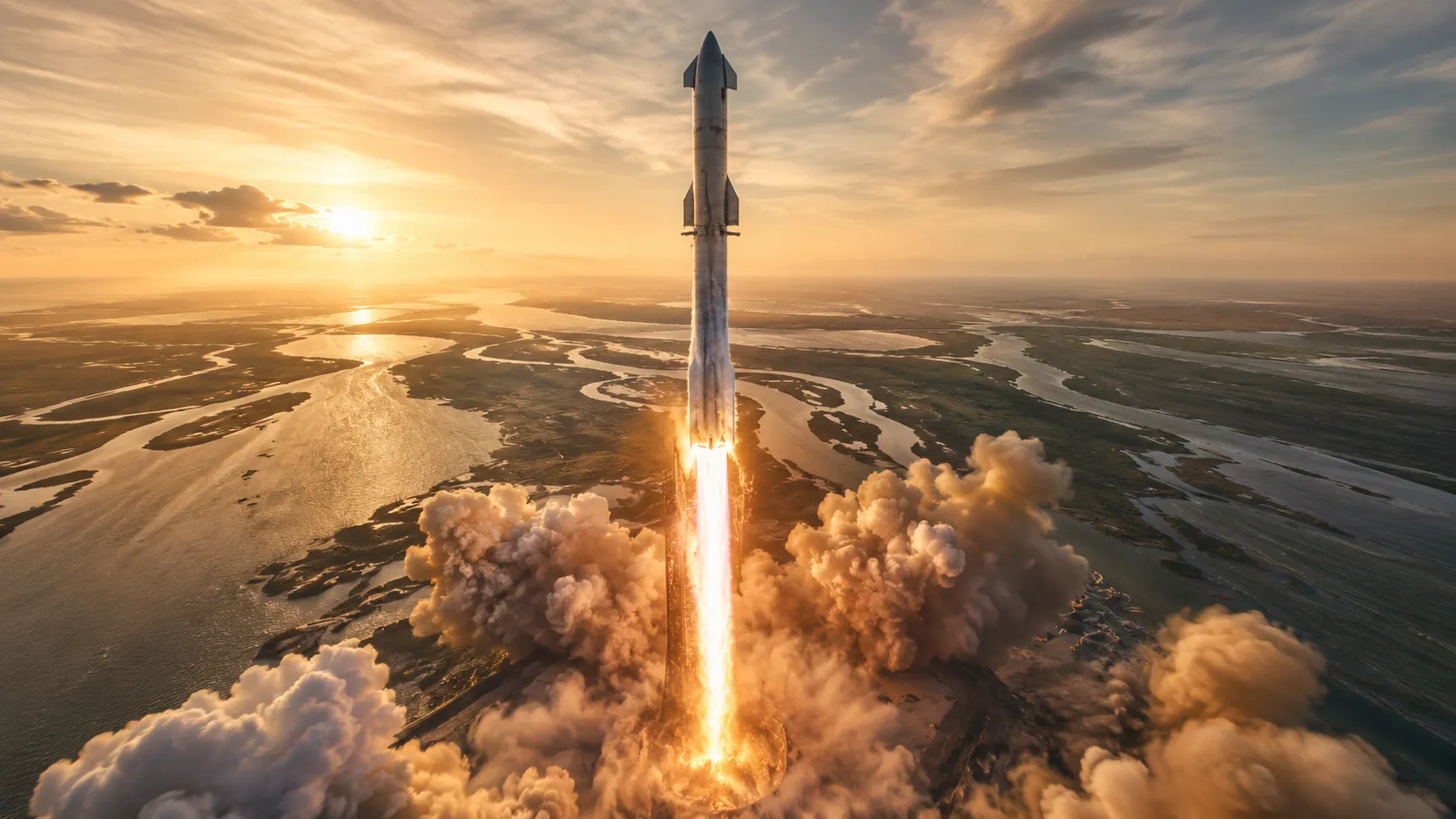 EXODUS super-heavy rocket lifting off over a coastal river delta at golden hour