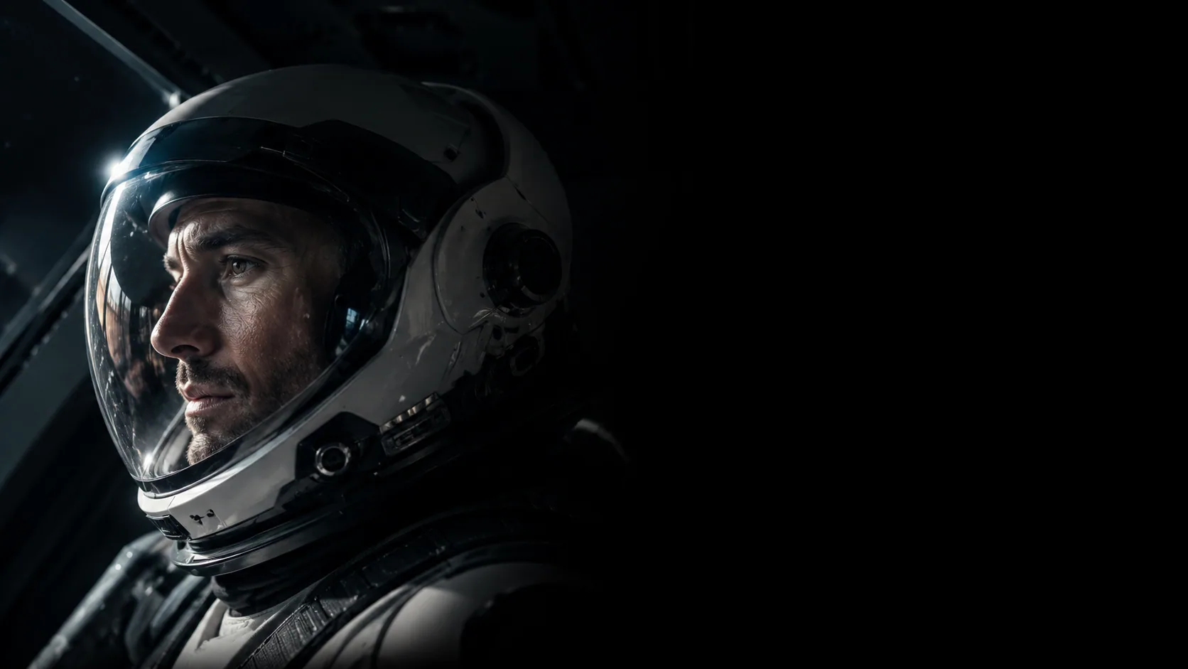 An astronaut in a spacesuit helmet aboard an EXODUS spacecraft