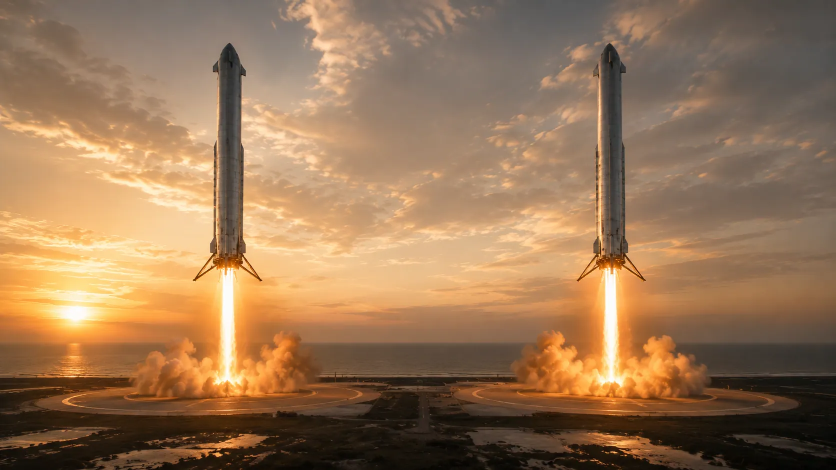 Two EXODUS boosters landing simultaneously on the coast at dusk