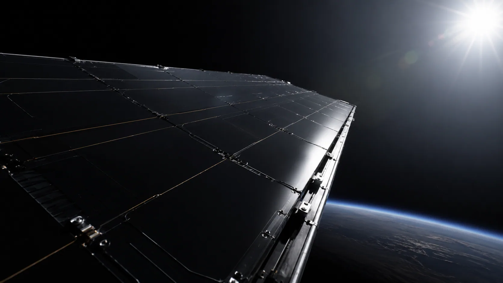 An EXODUS satellite panel in low-Earth orbit with the curve of Earth below