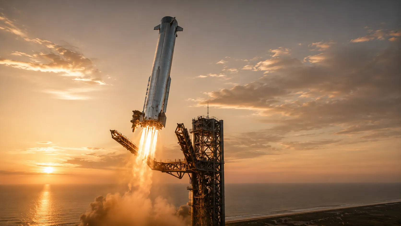 An EXODUS booster descending toward the launch tower with catch arms at sunset