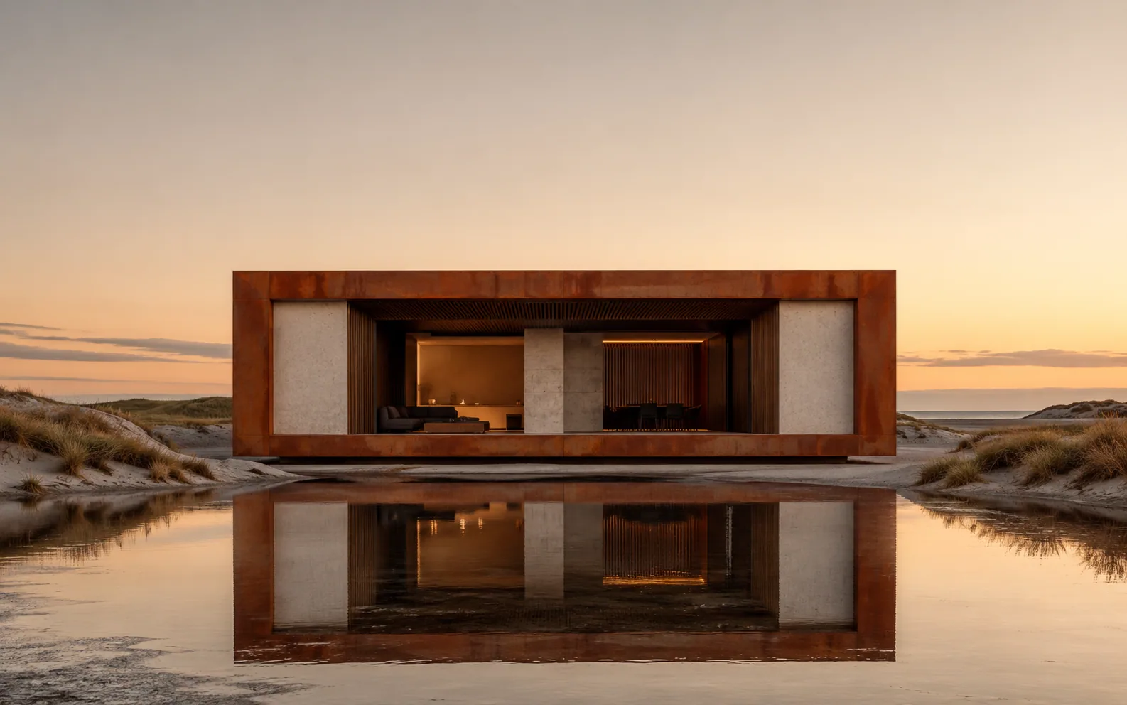 OBRA corten-steel modular house in coastal dunes at sunset, reflected in still water