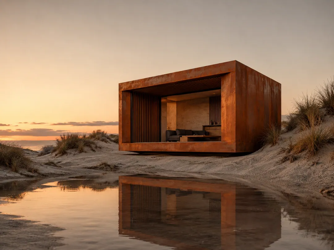 OBRA M01 Dune — compact corten cabin in dunes at dusk