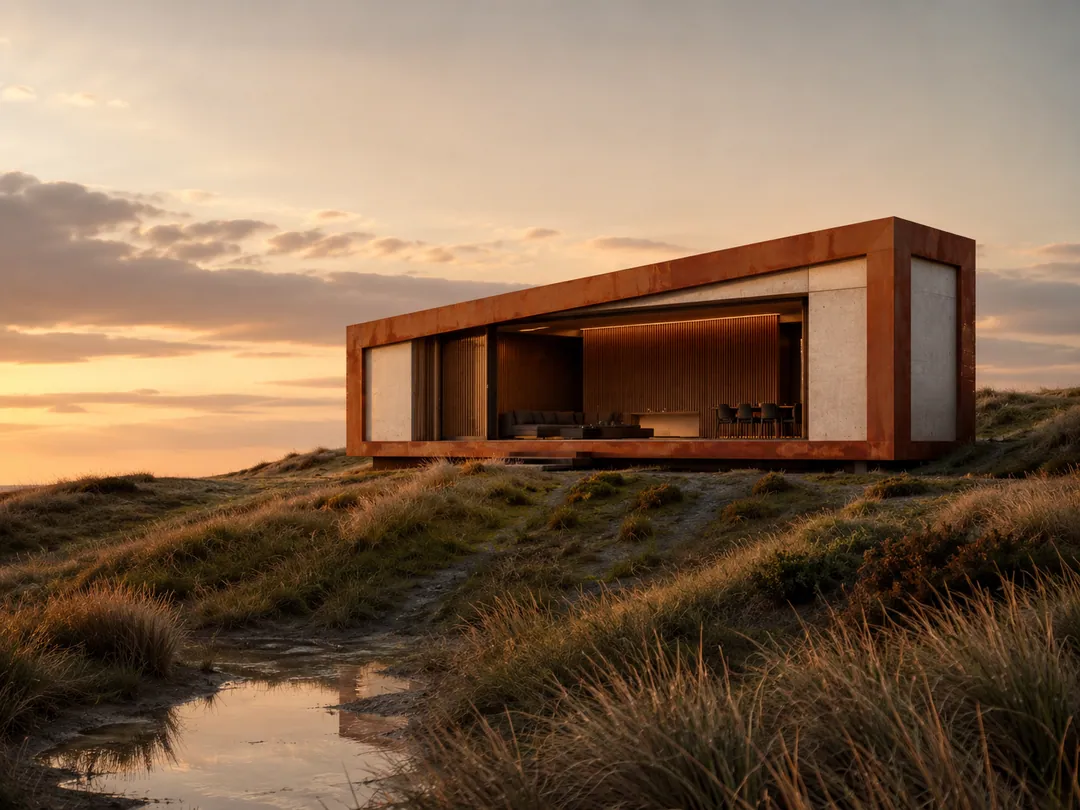 OBRA M02 Ridge — corten house with a low pitched roof on a grassy ridge at sunset