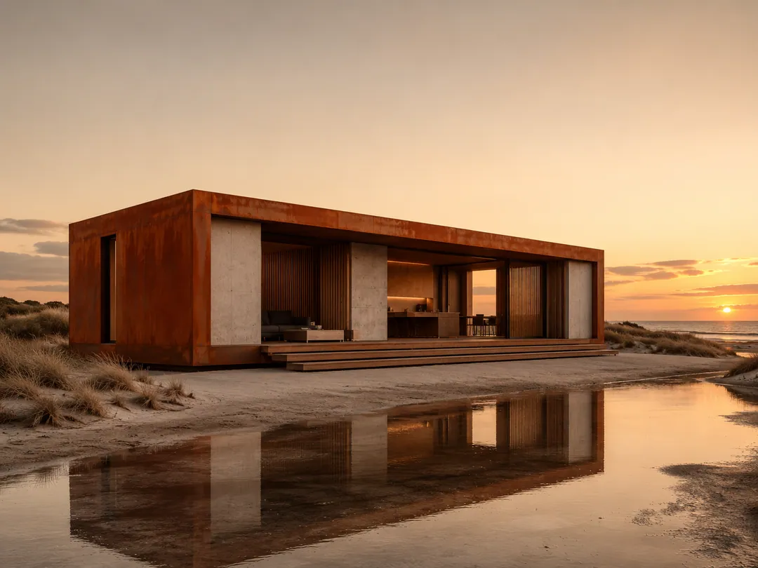 OBRA M03 Shore — longer corten house with a deck by the coast at sunset