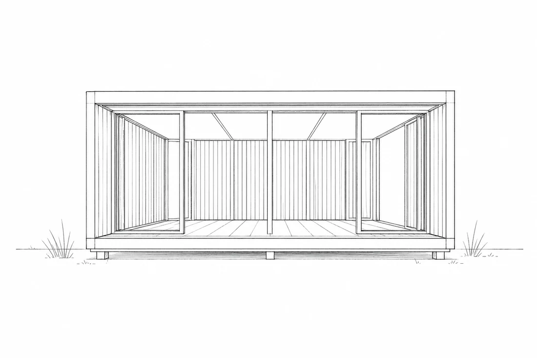 Architect's line drawing — front perspective of the open pavilion