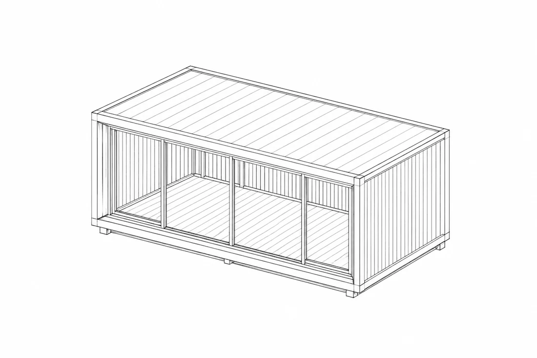 Architect's line drawing — axonometric view of the modular volume