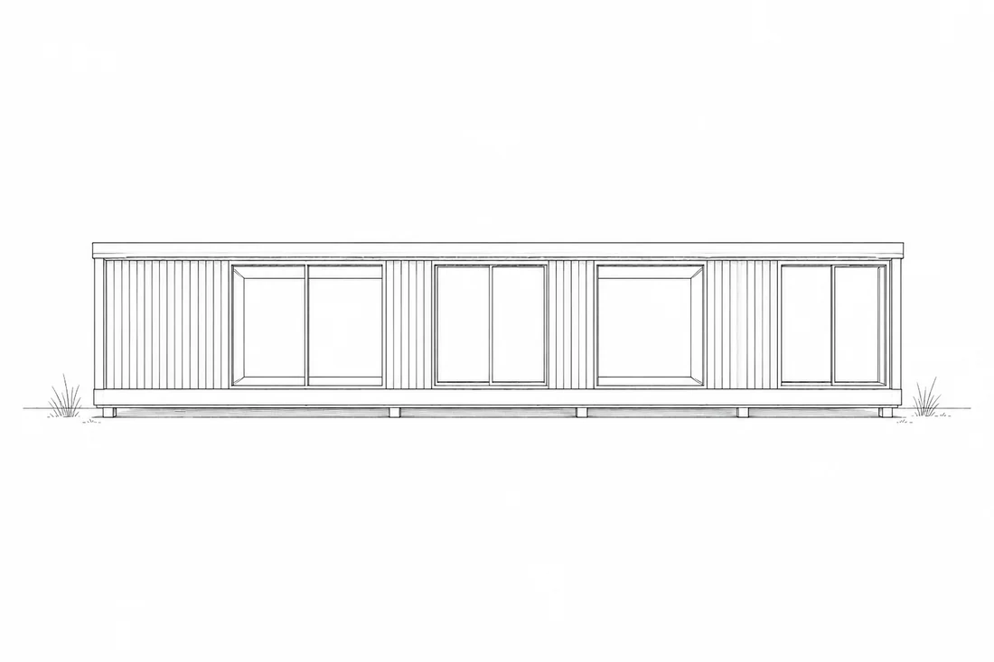Architect's line drawing — front elevation of the long low house