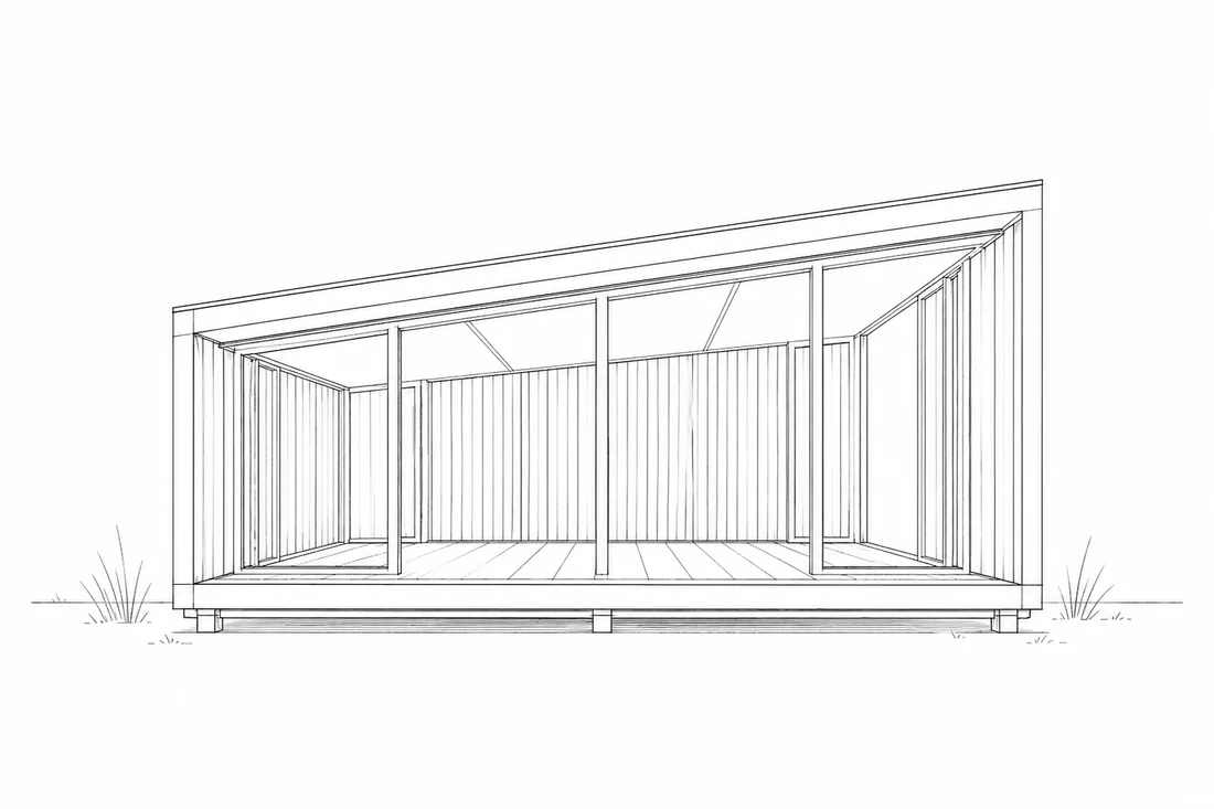 Architect's line drawing — angled perspective of the open pavilion