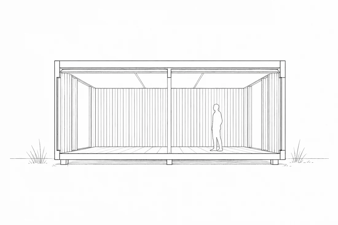 Architect's line drawing — section with a human scale figure