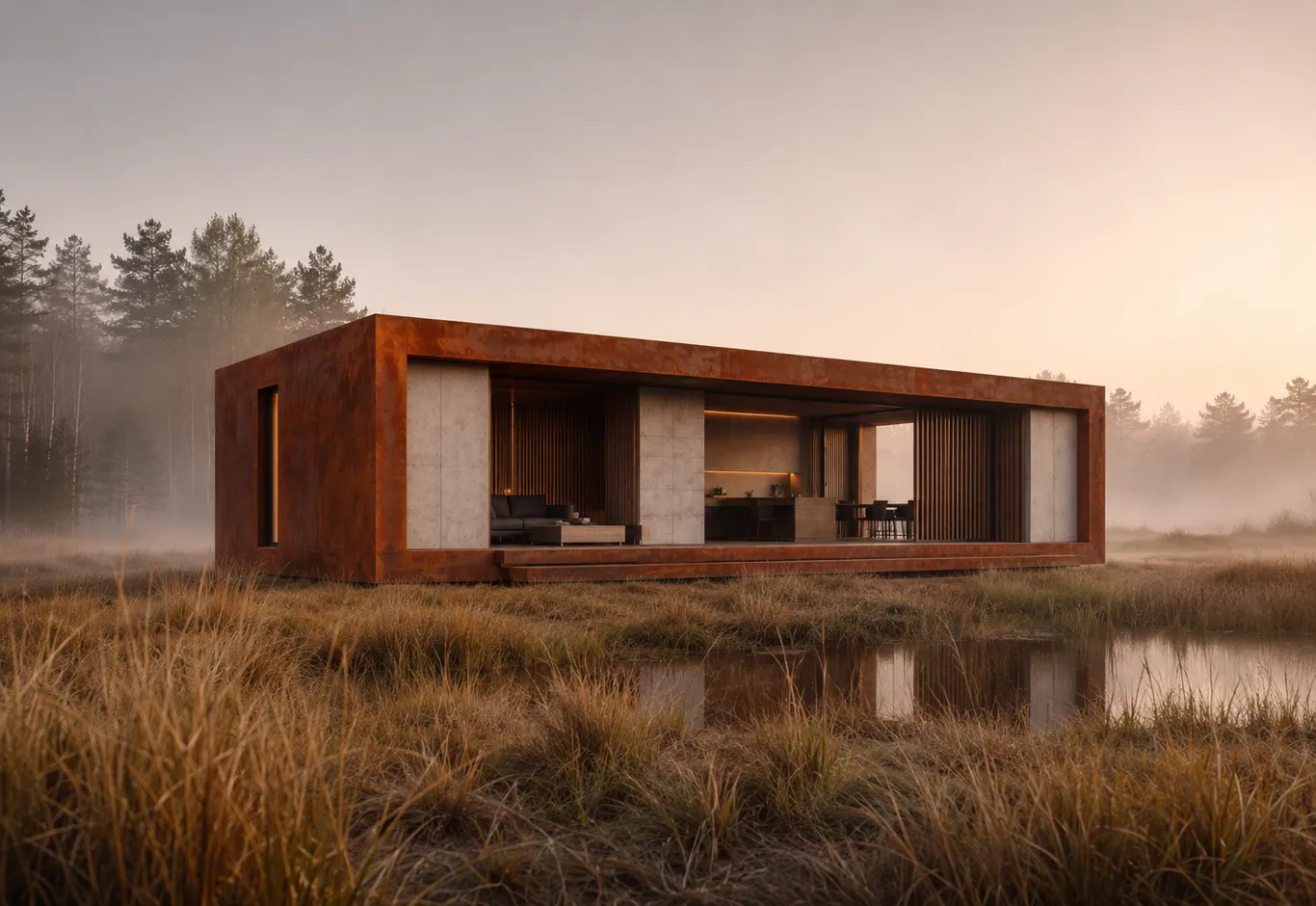OBRA corten house in a misty grassland at dawn