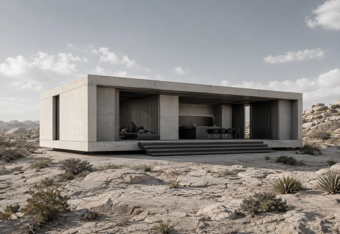 OBRA light-concrete modular house in a rocky desert