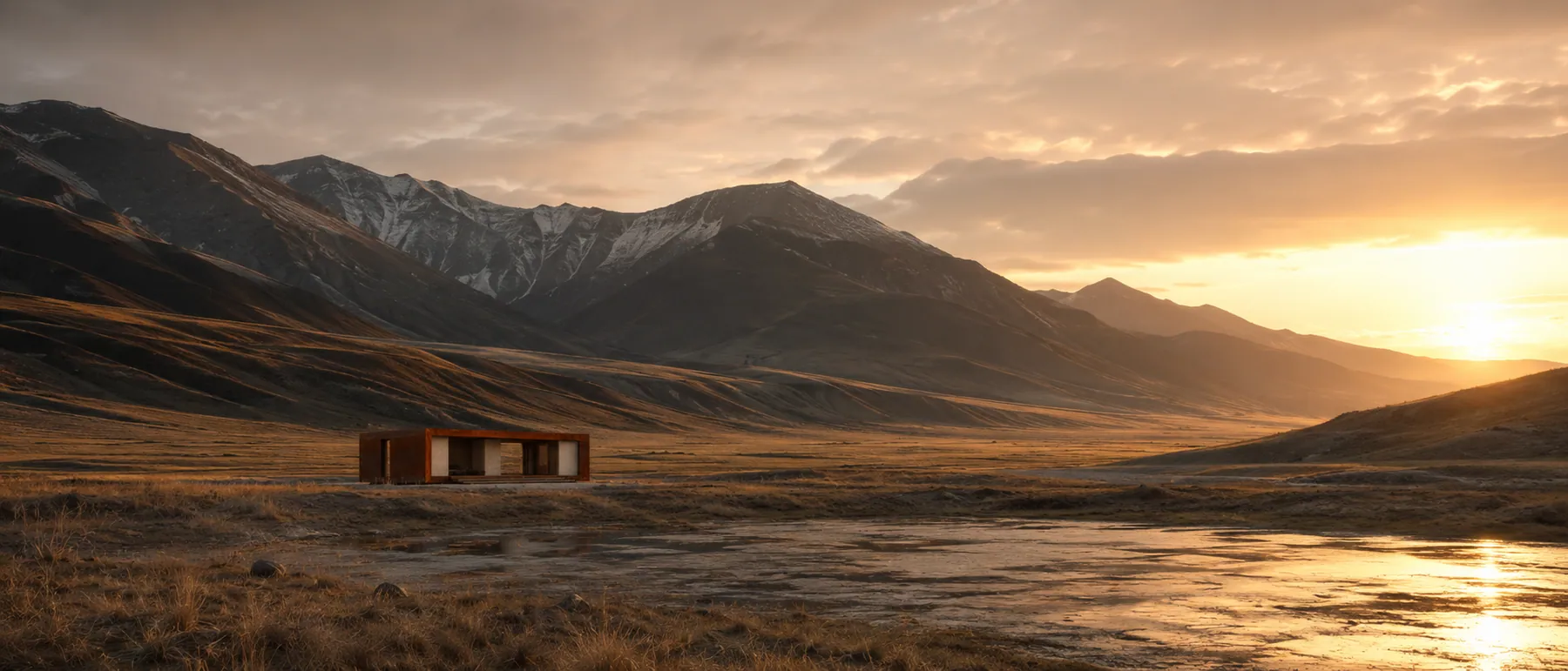 A OBRA corten house dwarfed by a vast mountain valley at sunset