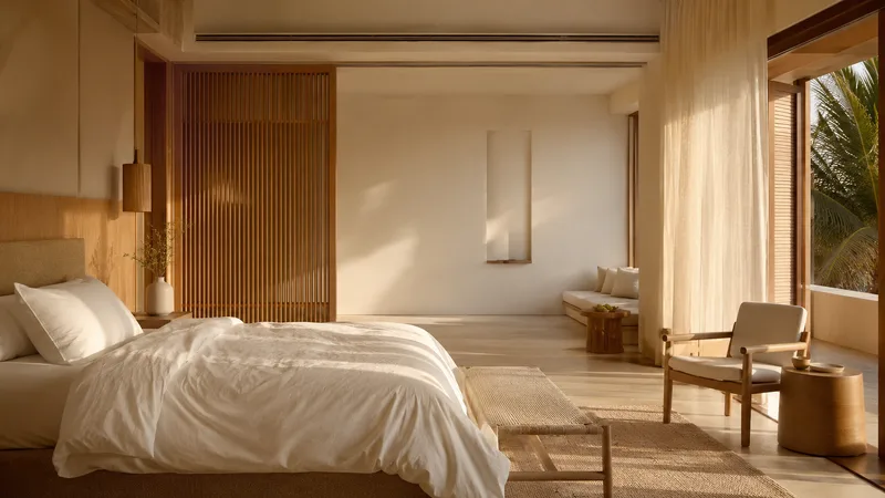 Linen suite at dawn with sea view